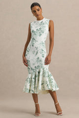 Priceless | Green Porcelain Print Print High-Neck Fishtail Midi Dress