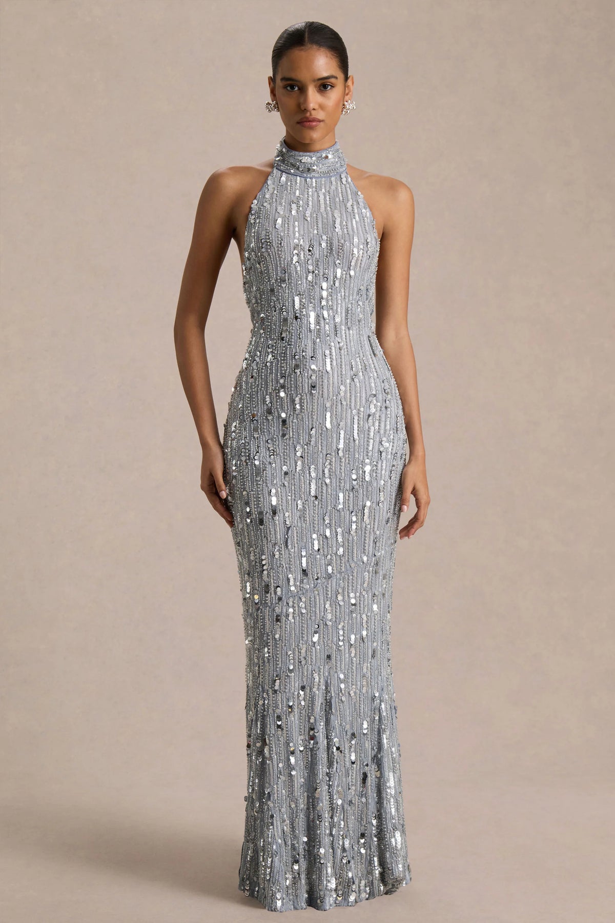 Zaira | Silver Sequin High-Neck Maxi Dress With Open-Back