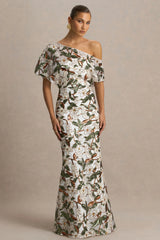 Iony | White And Green Embellished Sequin Floral And Mesh Asymmetric-Neck Maxi Dress