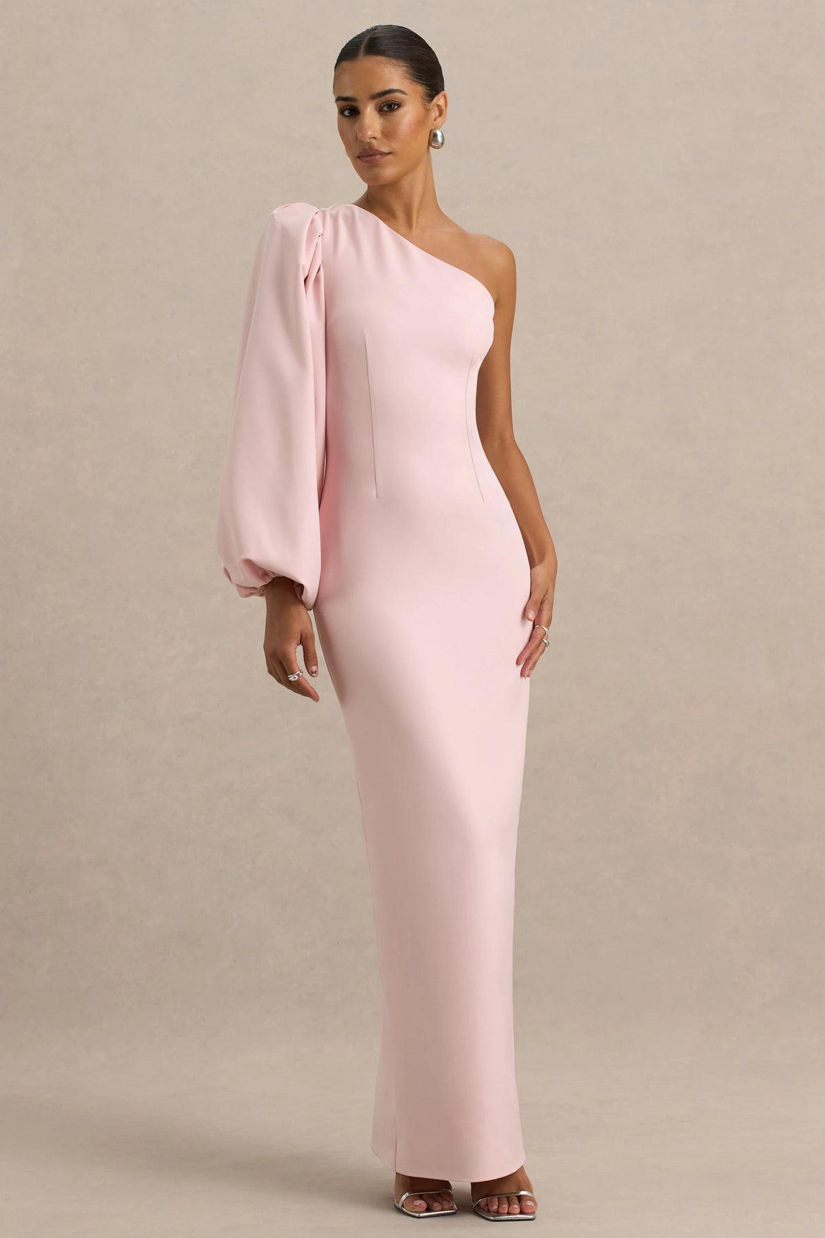 Kellis | Pink Asymmetric Maxi Dress With Balloon Sleeve