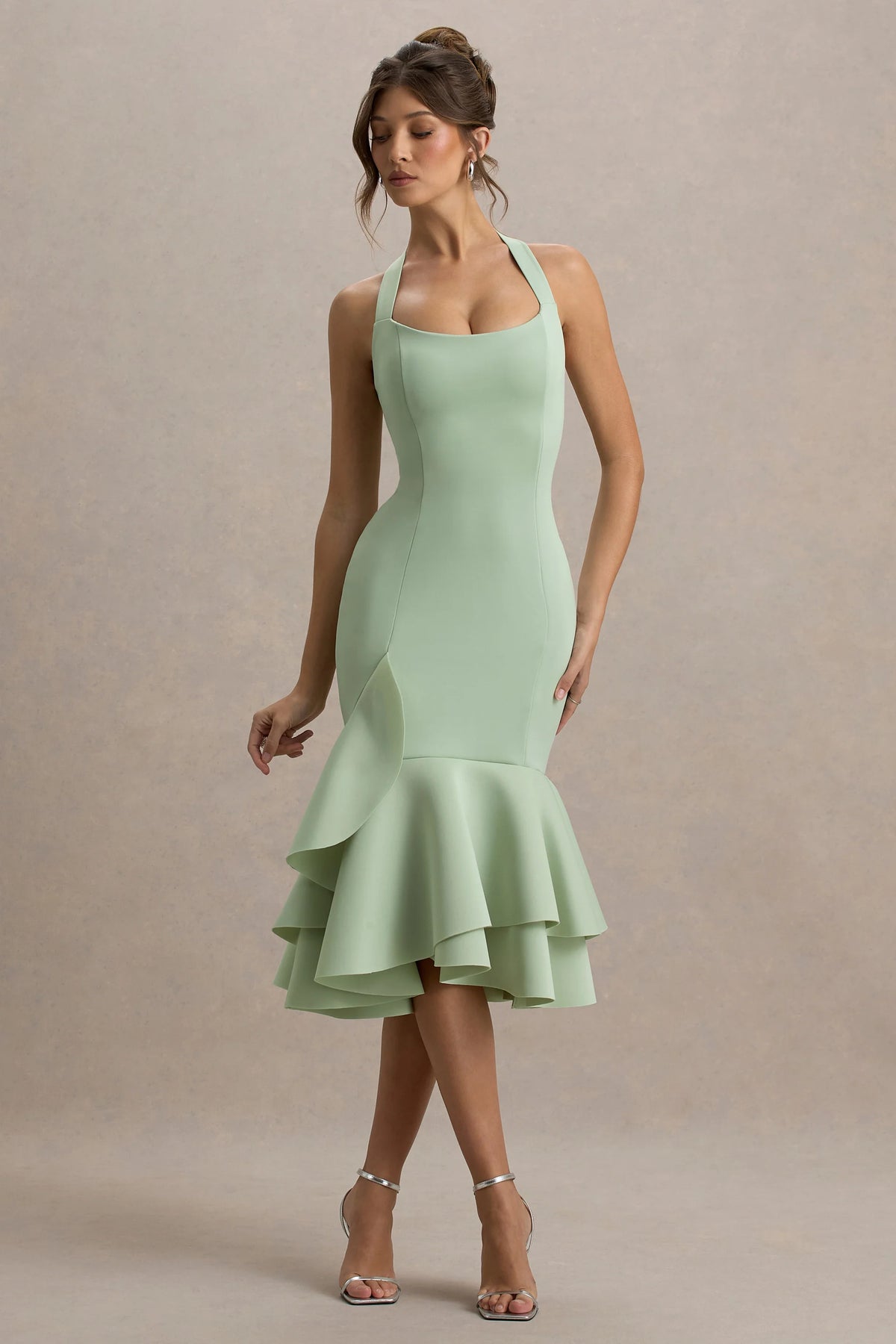 Arla | Light Green Halter Neck Ruffle Trim Midi Dress