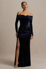 Countess | Navy Velvet Bardot-Neck Wrapped Maxi Dress With Front-High Split