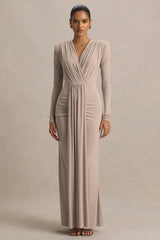 Flashy | Champagne Plunge-Neck Maxi Dress With Ruched Detailing
