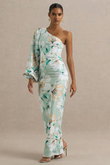 Kellis | Green Floral Print Asymmetric Maxi Dress With Balloon Sleeve