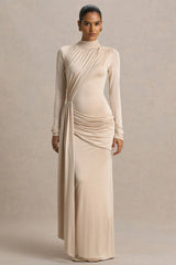Romi | Champagne High-Neck Maxi Dress With Ruched Detailing