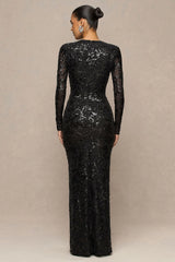 Stellar | Black Embellished Lace High-Neck Maxi Dress With Long Sleeves