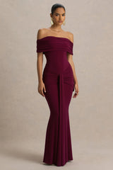 Envisioned | Burgundy Bardot-Neck Maxi Dress With Gathered And Drape Detail