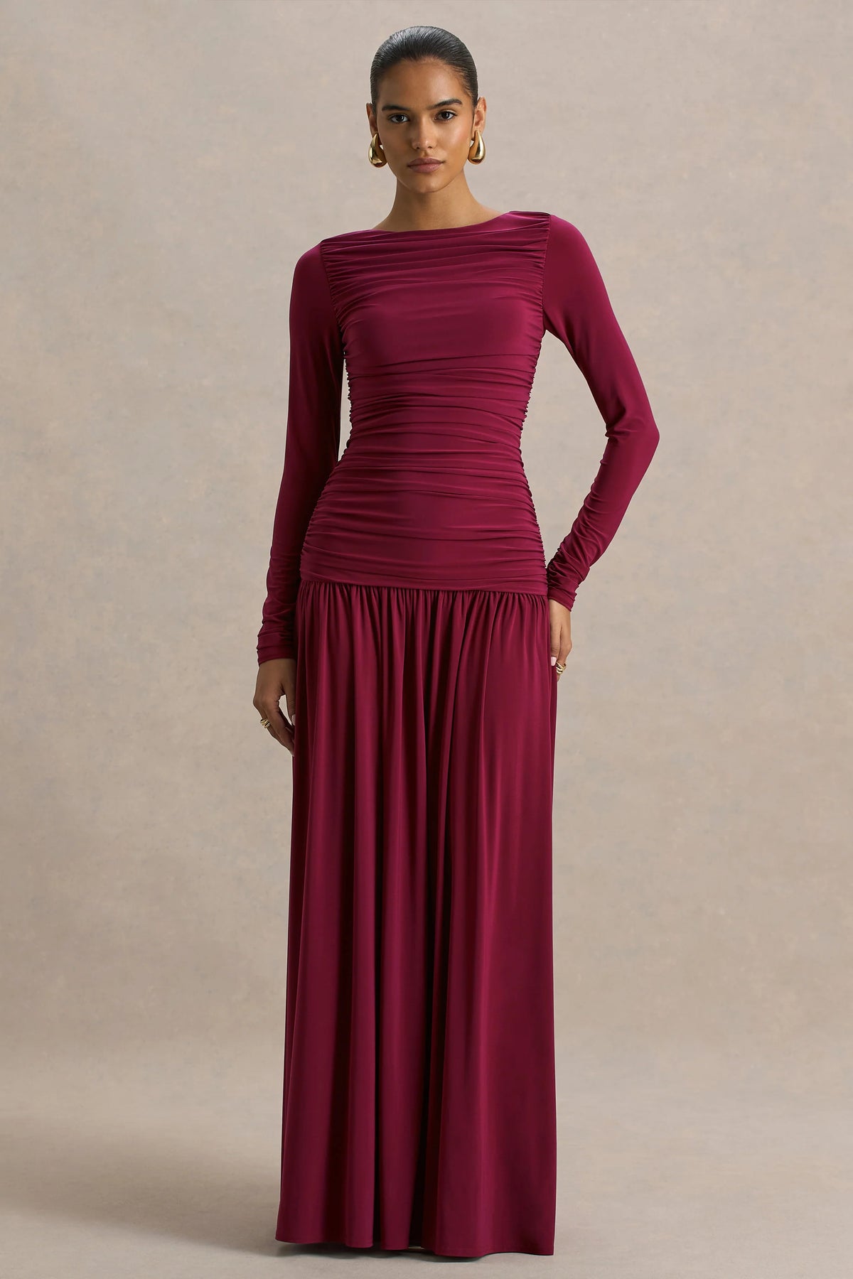 Aniyah | Burgundy High-Neck Maxi Dress With Ruched Detailing