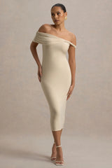 Skye | Sand Twisted Bardot Midi Dress