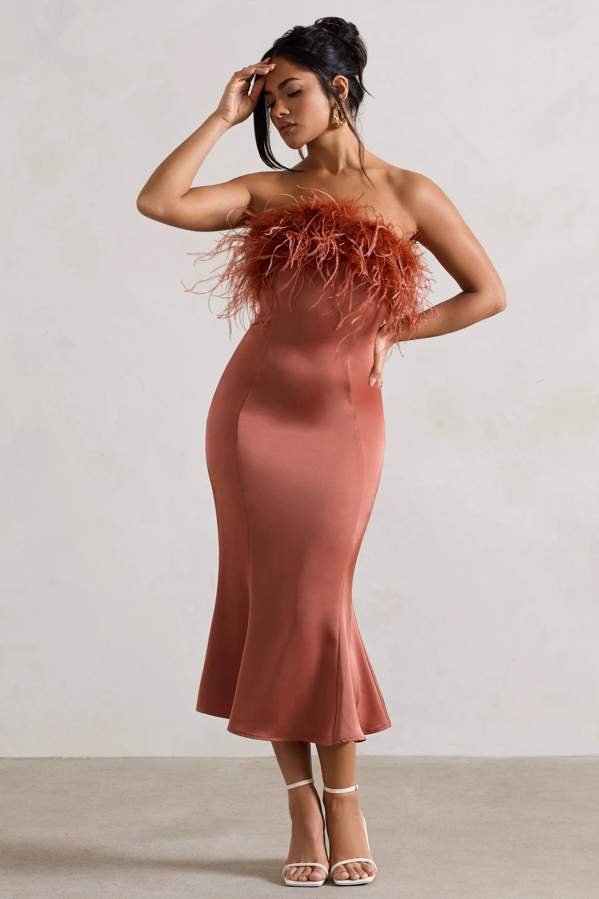 One And Only | Rust Satin Feather Trim Bandeau Midi Dress
