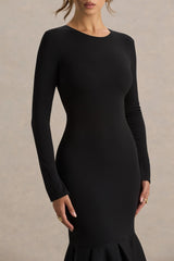 Liberty | Black High Neck Mermaid Midi Dress With Ruffling Detail