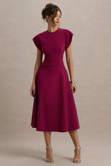 Linda | Dark Cherry Crew-Neck Cap-Sleeve Midi Dress