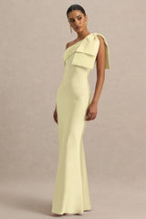 Valerie | Lemon Satin Asymmetric-Neck Maxi Dress With Bow Detail