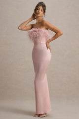 Dress For It | Pale Pink Satin Feather Trim Bandeau Maxi Dress