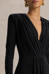 Flashy | Black Plunge-Neck Maxi Dress With Ruched Detailing