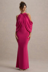 Teresa | Hot Pink High-Neck Cold-Shoulder Maxi Dress