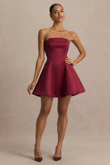 Lioray | Burgundy Satin Bandeau-Neck A-Line Mini Dress