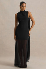 Unpredictable | Black High-Neck Maxi Dress With Back Cape Detail