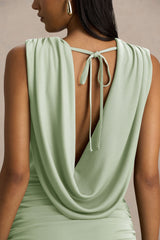 Serafina | Light Green Extreme-Plunge Neck Maxi Dress With Wrap And Ruched Details