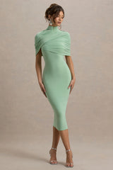 Cecille | Light Green Midi Dress With Cape Sleeve Detail
