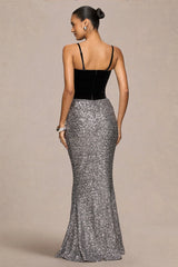 Aeris | Black Velvet And Silver Sequin Plunge-Neck Maxi Dress