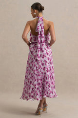 Refractive | Purple Floral Print Satin Maxi Dress With Halter-Neck and Pleated Skirt