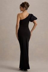 Vittoria | Black Asymmetric Puff-Sleeve Split Maxi Dress