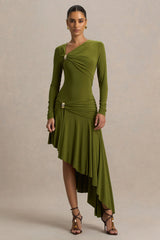 Alexia | Green Asymmetric-Neck Maxi Dress With Embellishment And Ruched Detailing