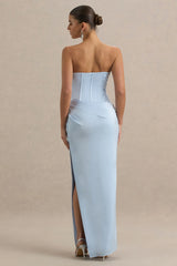 Joseline | Powder Blue Satin Corset Wrap Maxi Dress With Scarf