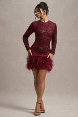 Claudia | Berry Sequin High Neck Feather Hem Mini Dress With Long Sleeves