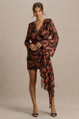Lindsey | Black And Rust Plunge-Neck Wrap Mini Dress With Bell Sleeves And Sash Detail