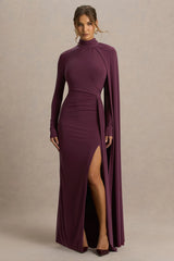 Anticipation | Burgundy High-Neck Maxi Dress With Front Split And Ruched Detailing