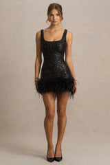 Rosalinda | Black Sequin Square-Neck Mini Dress With Feather Trim