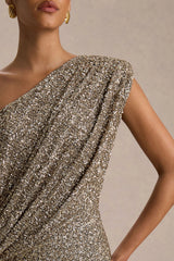 Liori | Champagne Sequin Asymmetric-Neck Maxi Dress With Sash
