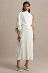 Jimena | Cream High-Neck Midi Dress With One-Long Sleeve And Pleated Detailing