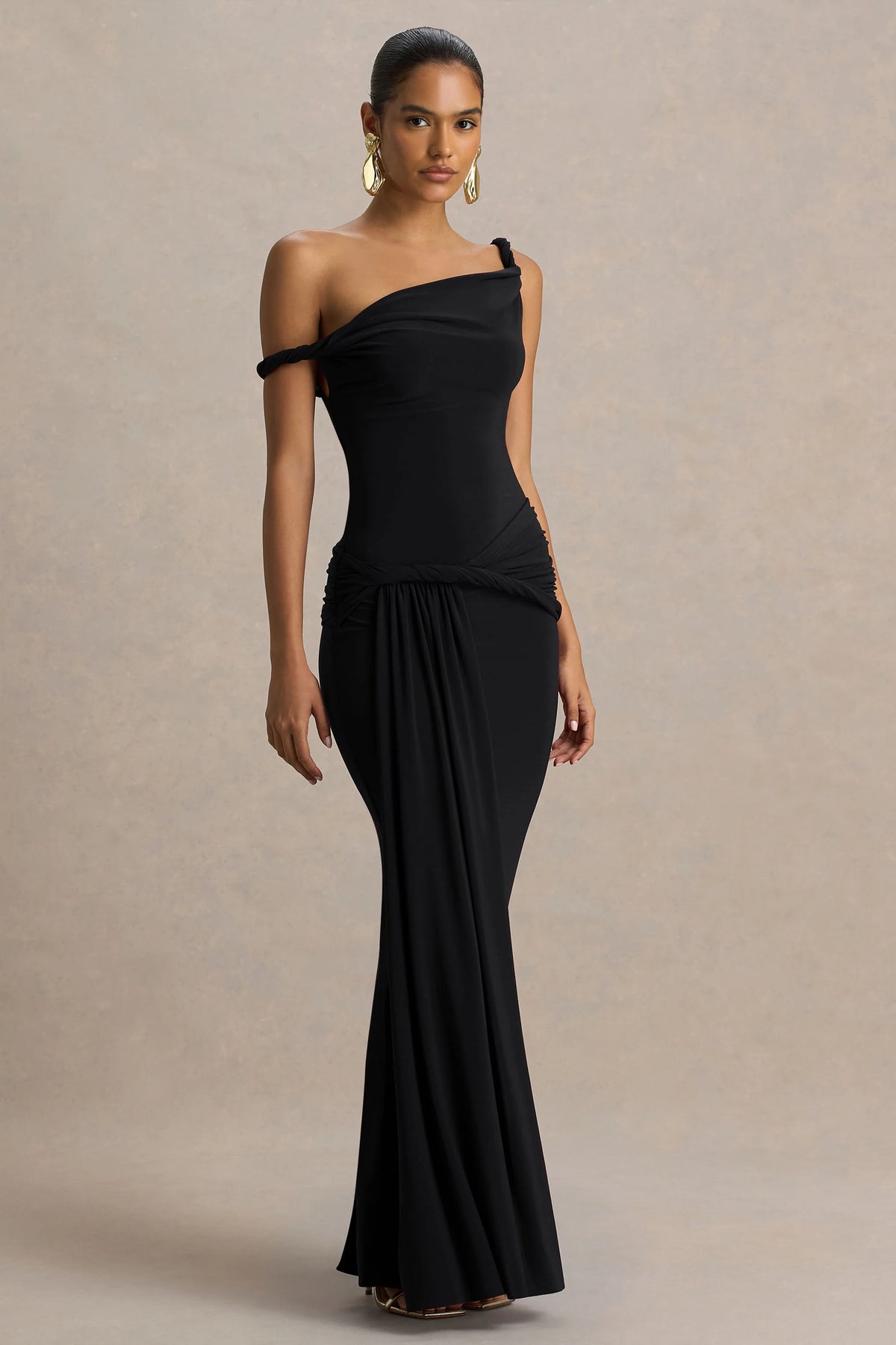 Tulisa | Black Asymmetric-Neck Maxi Dress With Twist Sleeves And Ruched Detailing
