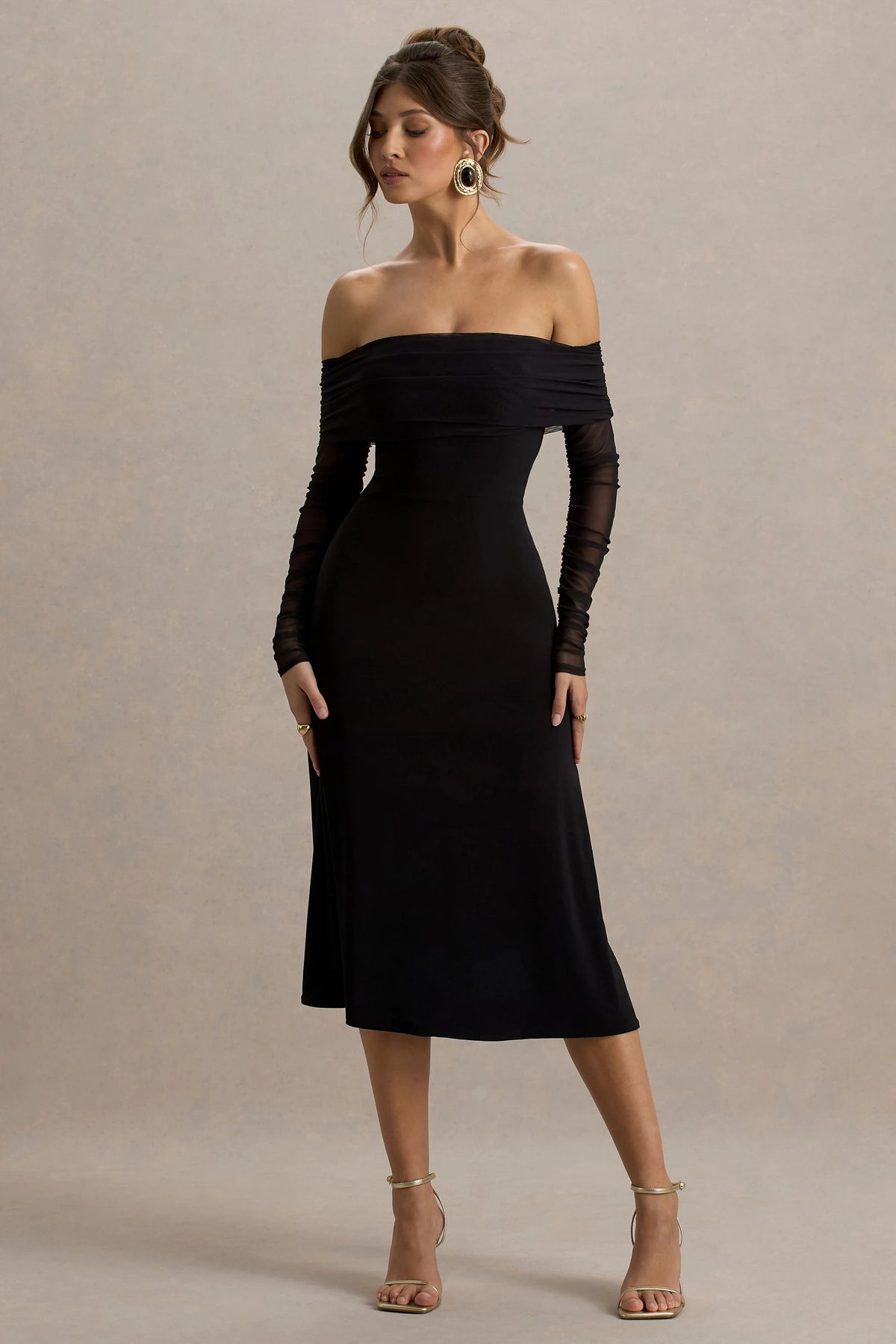 Flatter Me | Black Bardot Midi Dress With Mesh Sleeves