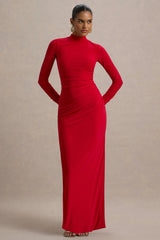 Alluring | Red High Neck Maxi Dress With Ruched Detailing