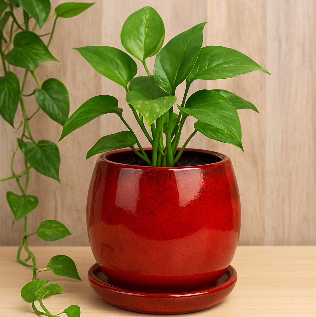 6 inch Crimson Red Ceramic Pot with Saucer, red ceramic pots, houseplant pots for sale, decorative pots, buy houseplant pots online