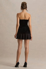 Valentina | Black Velvet Bandeau Mini Dress With Pleated Detailing