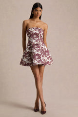 Federica | Burgundy And Gold Jacquard Bandeau A-Line Mini Dress