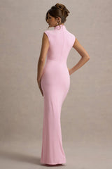 Lanetta | Pink Ruched High-Neck Maxi Dress With Split