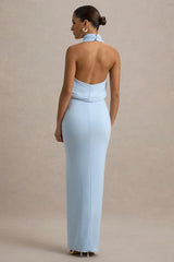 Hayden | Blue High-Neck Draped Split Maxi Dress