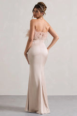 Dress For It | Champagne Satin Feather Trim Bandeau Maxi Dress