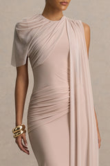 Brenda | Champagne Crew-Neck Maxi Dress With Mesh Cape And Sash