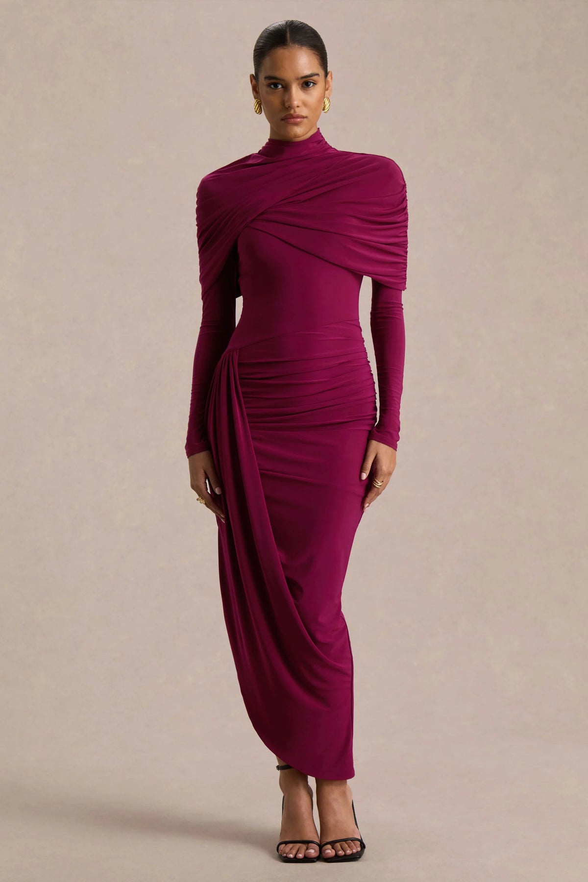 Aneira | Burgundy High-Neck Maxi Dress With Cape Sleeves