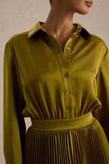 Naxos | Olive Satin Shirt Maxi Dress With Pleated Skirt