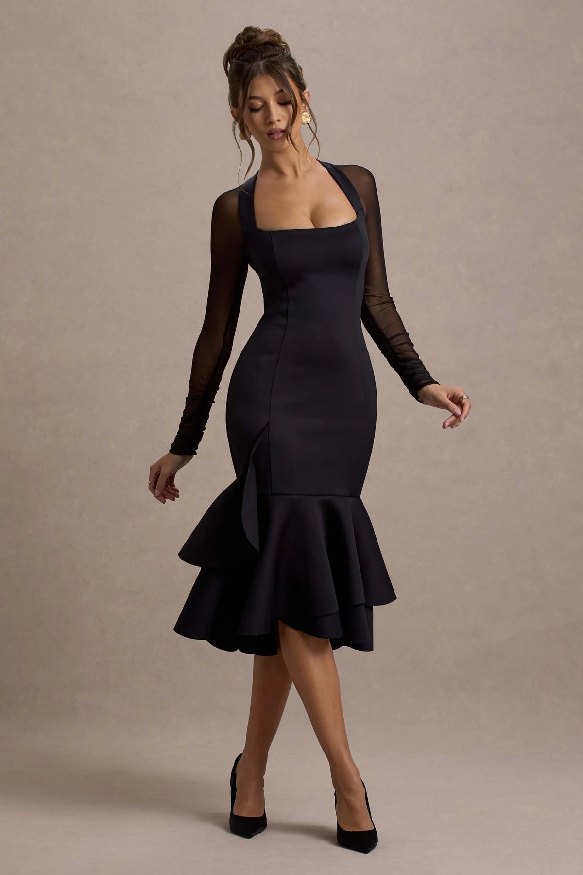 Sander | Black Mesh Long-Sleeve Ruffle-Hem Midi Dress