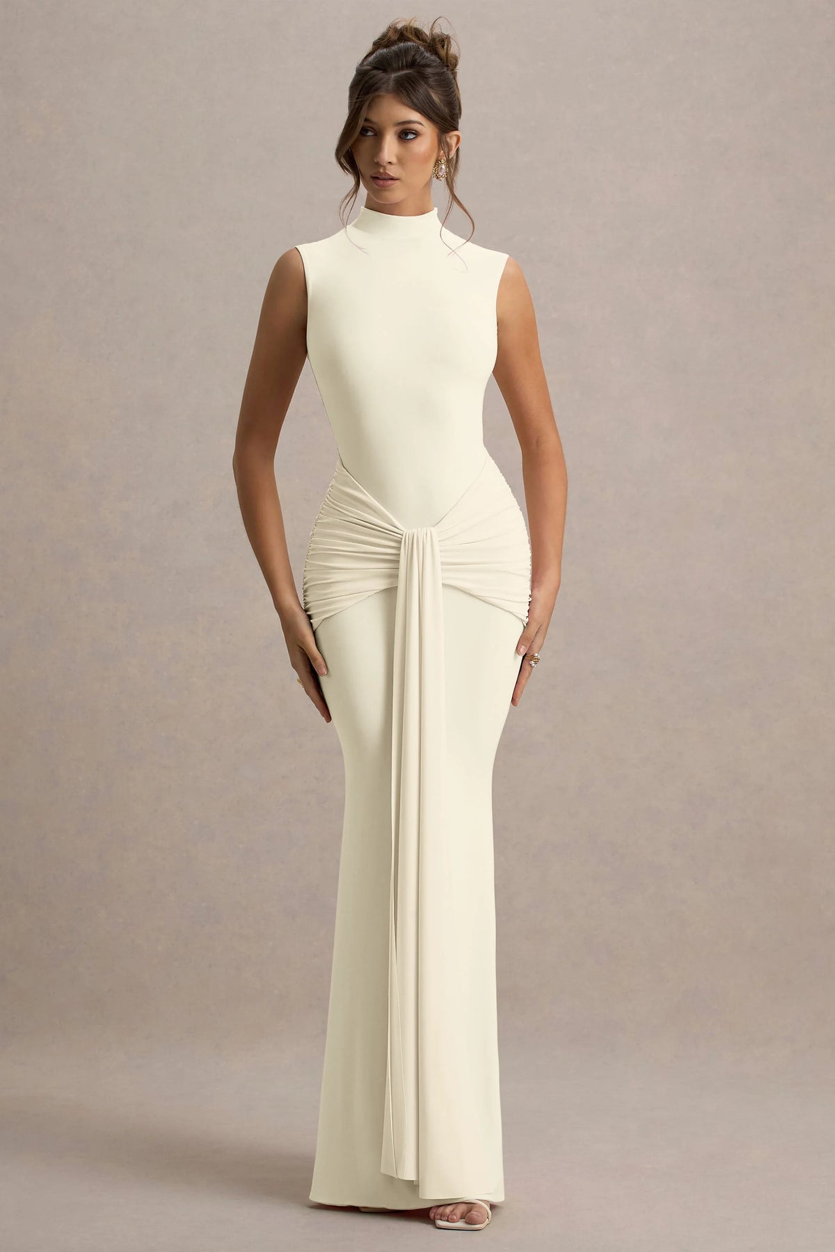 Graziana | Pale Lemon High-Neck Gathered Draped Maxi Dress