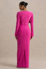 Regina | Hot Pink High-Neck Draped Wrap Maxi Dress